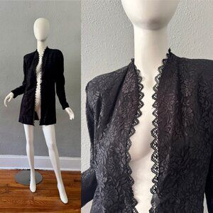 Vintage 80s Black Lace Open Long Jacket Blazer M/L